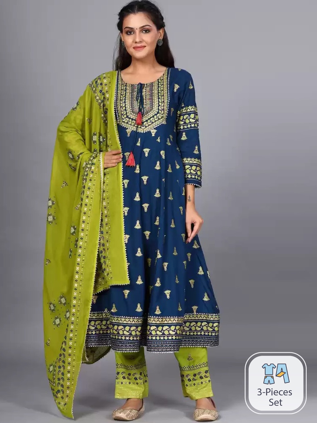 

KALINI Ethnic Motifs Printed Tie-Up Neck Gotta Patti Anarkali Kurta Set, Green