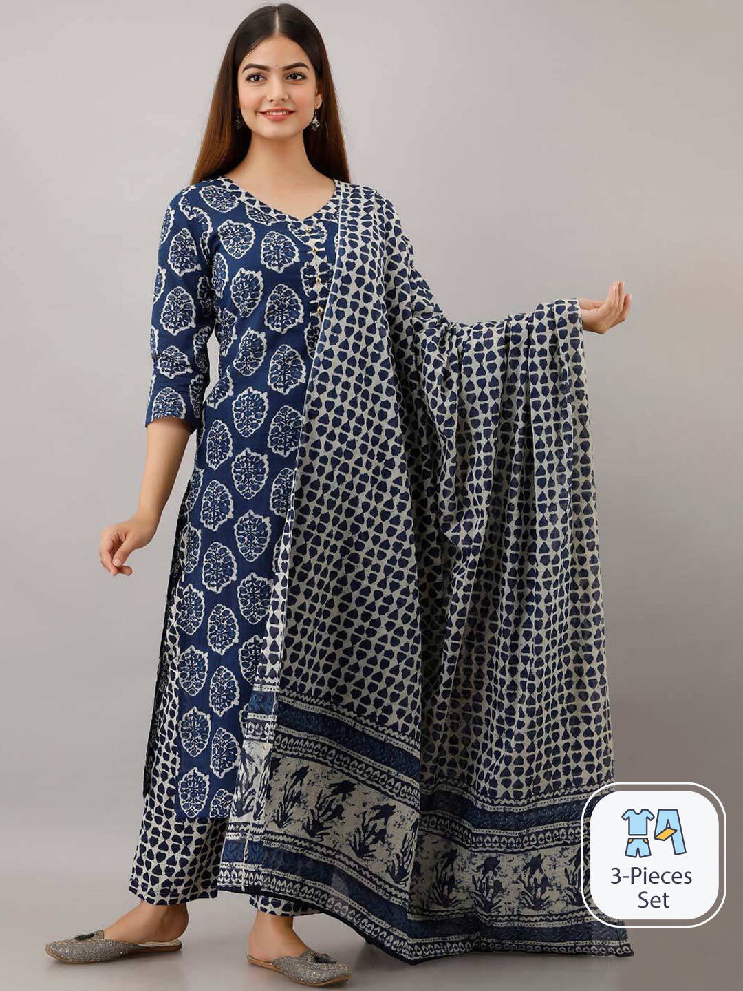 

KALINI Ethnic Motifs Printed Pure Cotton Kurta With Palazzos & Dupatta, Blue