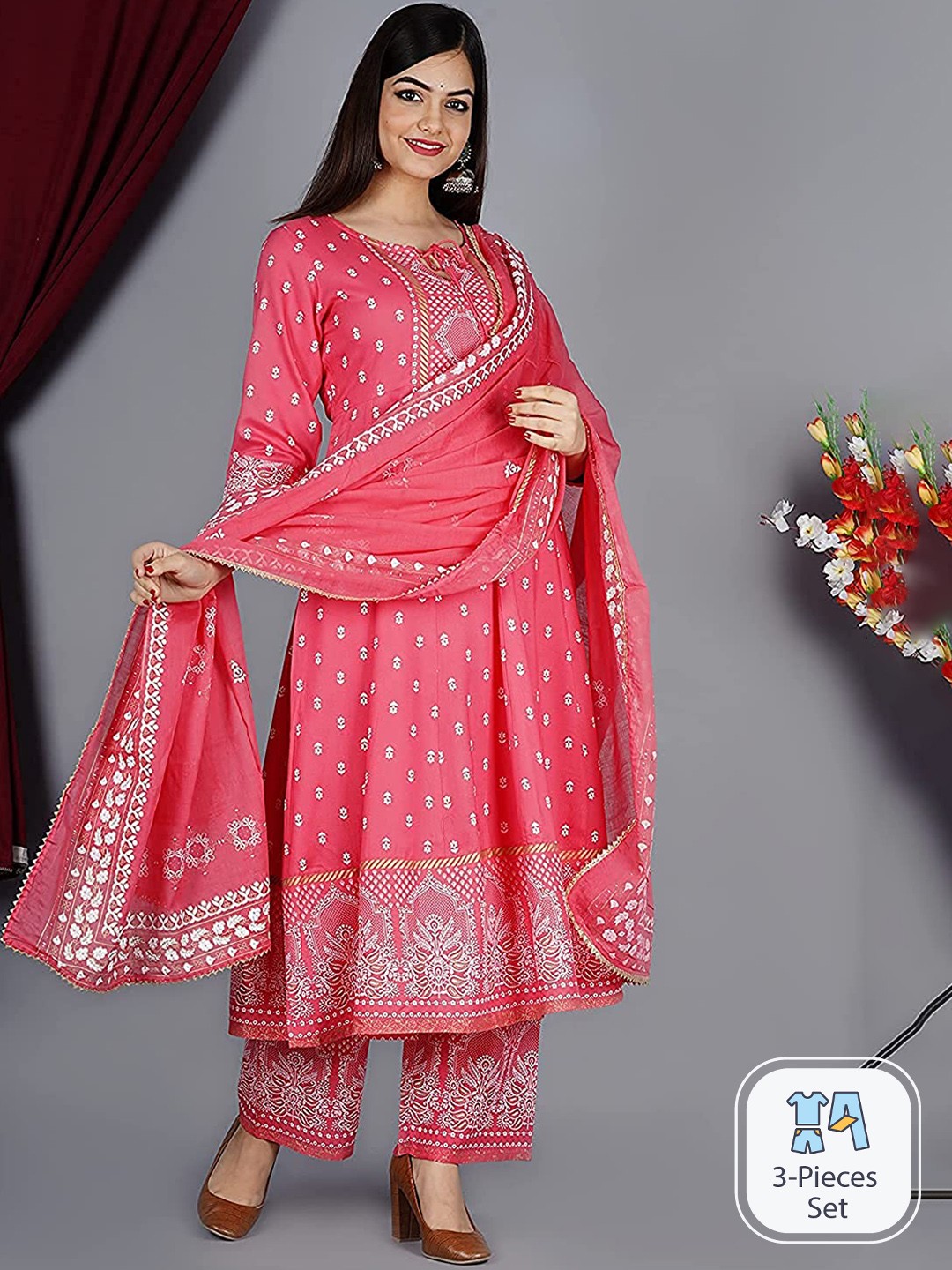 

KALINI Women Pink Ethnic Motifs Printed Regular Kurta with Palazzos & With Dupatta