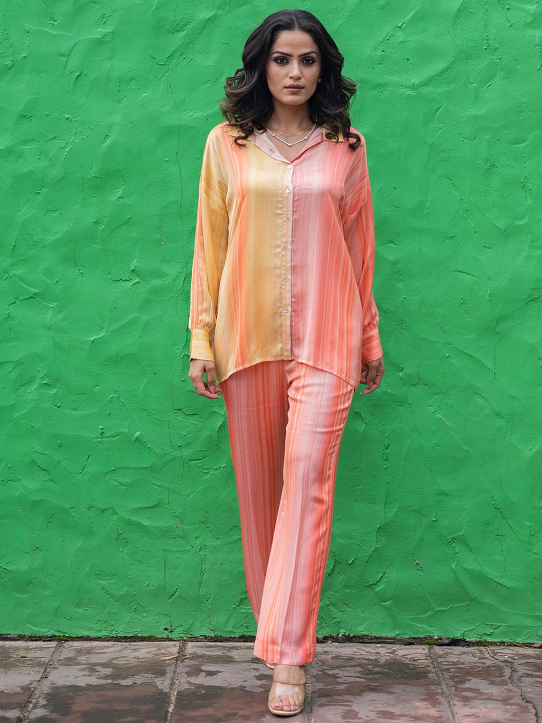 

INCHING INDIA Striped Long Sleeves Shirt & Trousers Co-Ords, Peach