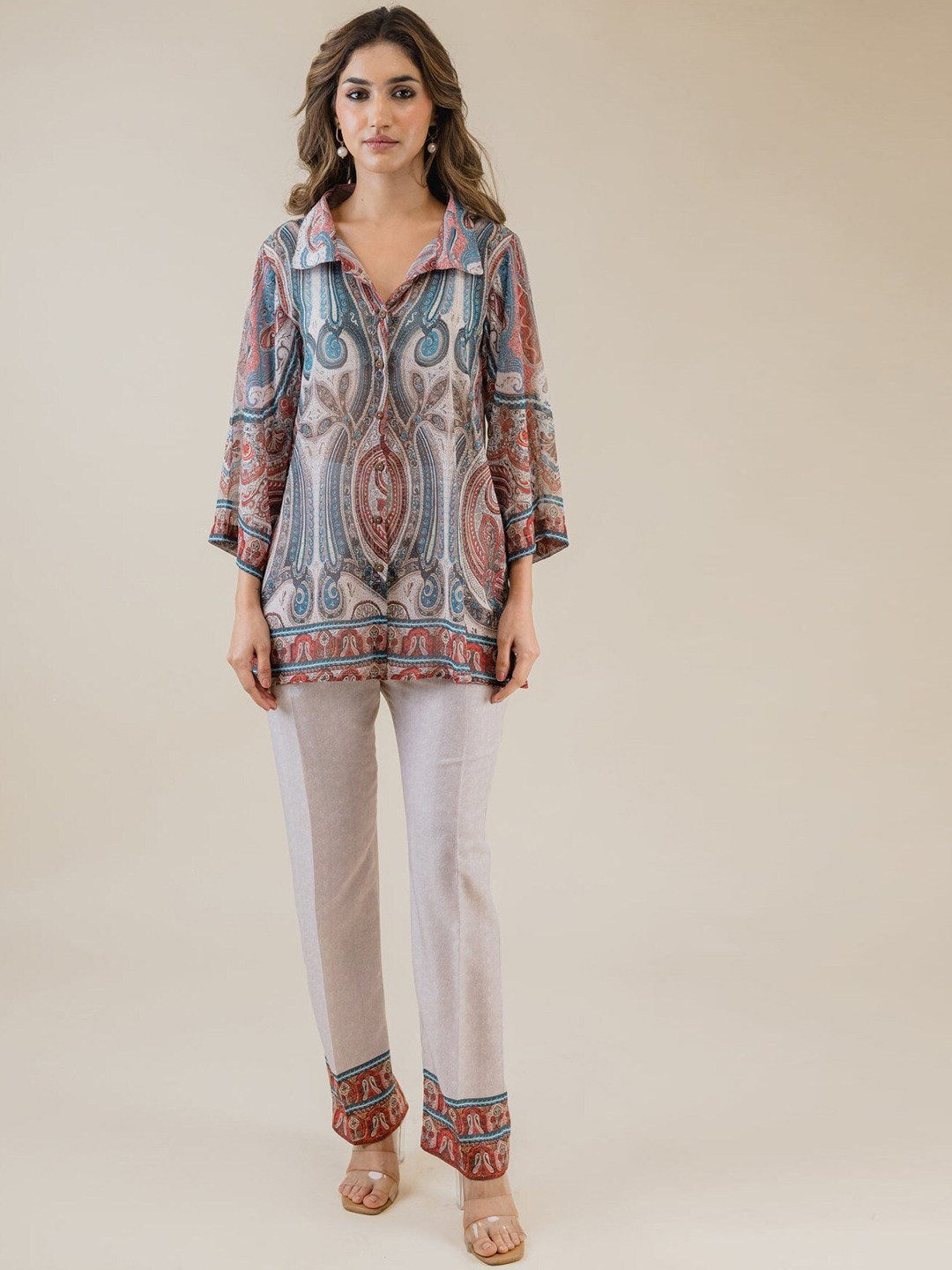 

INCHING INDIA Ethnic Motifs Printed Flared sleeves Shirt & Trousers Co-Ords, Beige