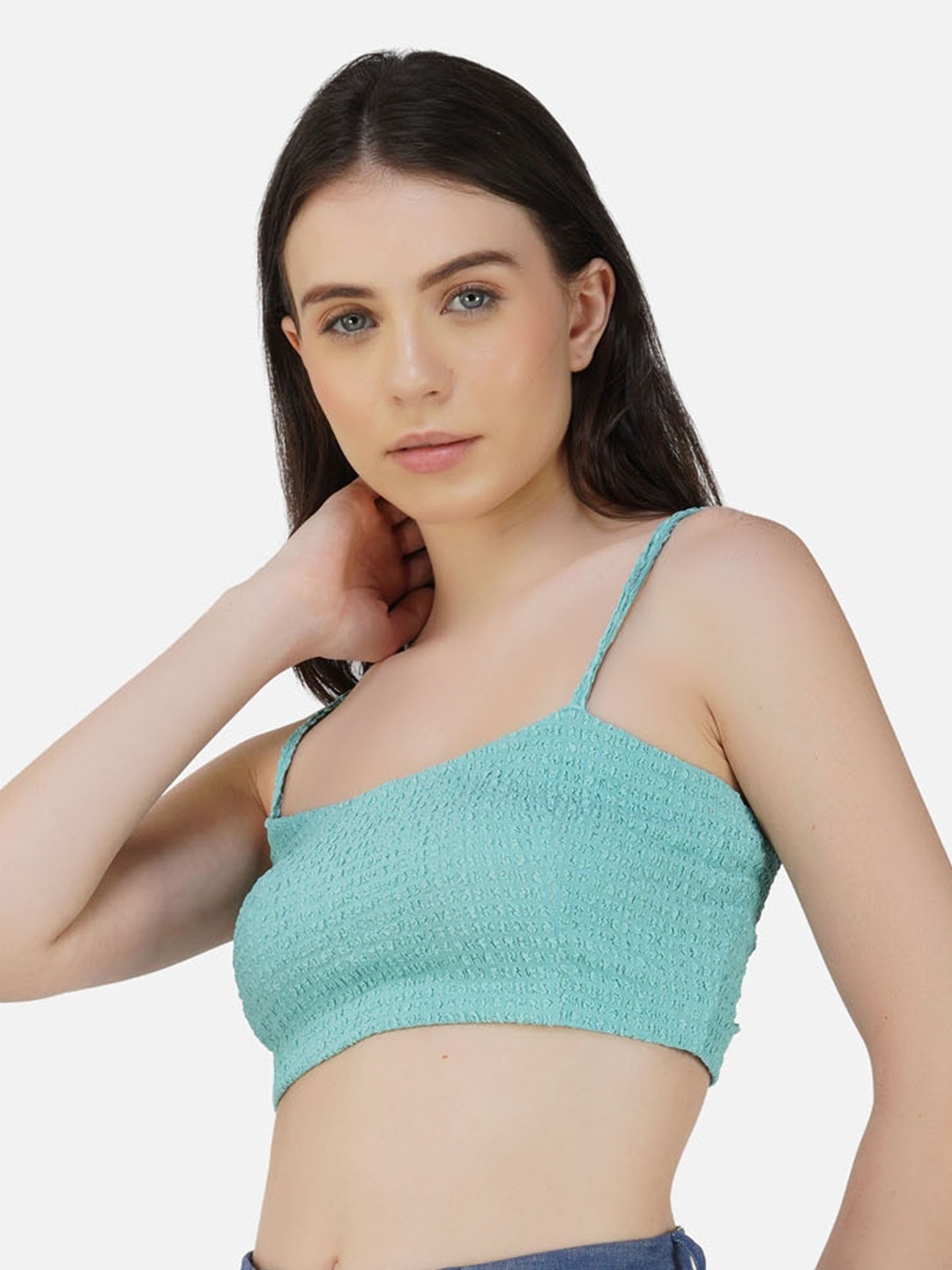 

DEPANO Self Design Crepe Bralette Crop Top, Blue