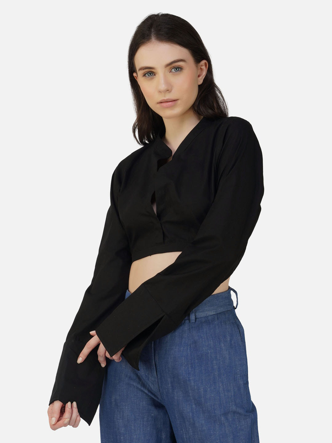 

DEPANO Mandarin Collar Cotton Crop Top, Black