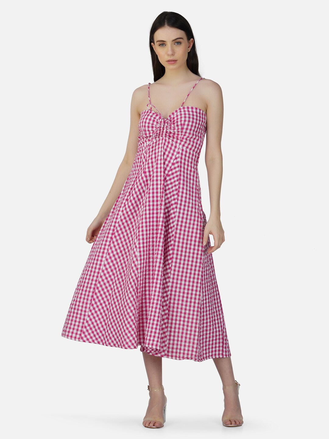 

DEPANO Checked Fit & Flare Midi Dress, Pink