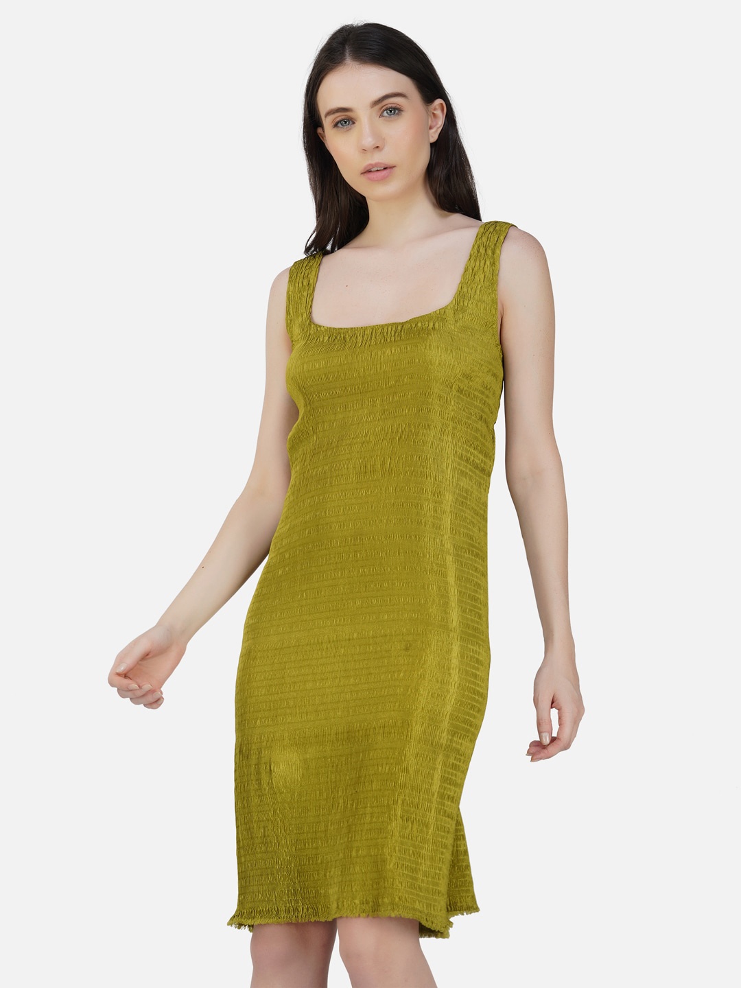 

DEPANO Self Design Square Neck Satin Sheath Dress, Green