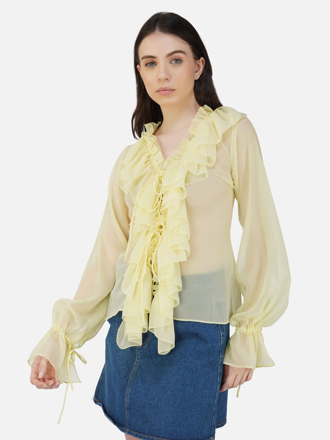 

DEPANO Ruffled V-Neck Georgette Top, Yellow