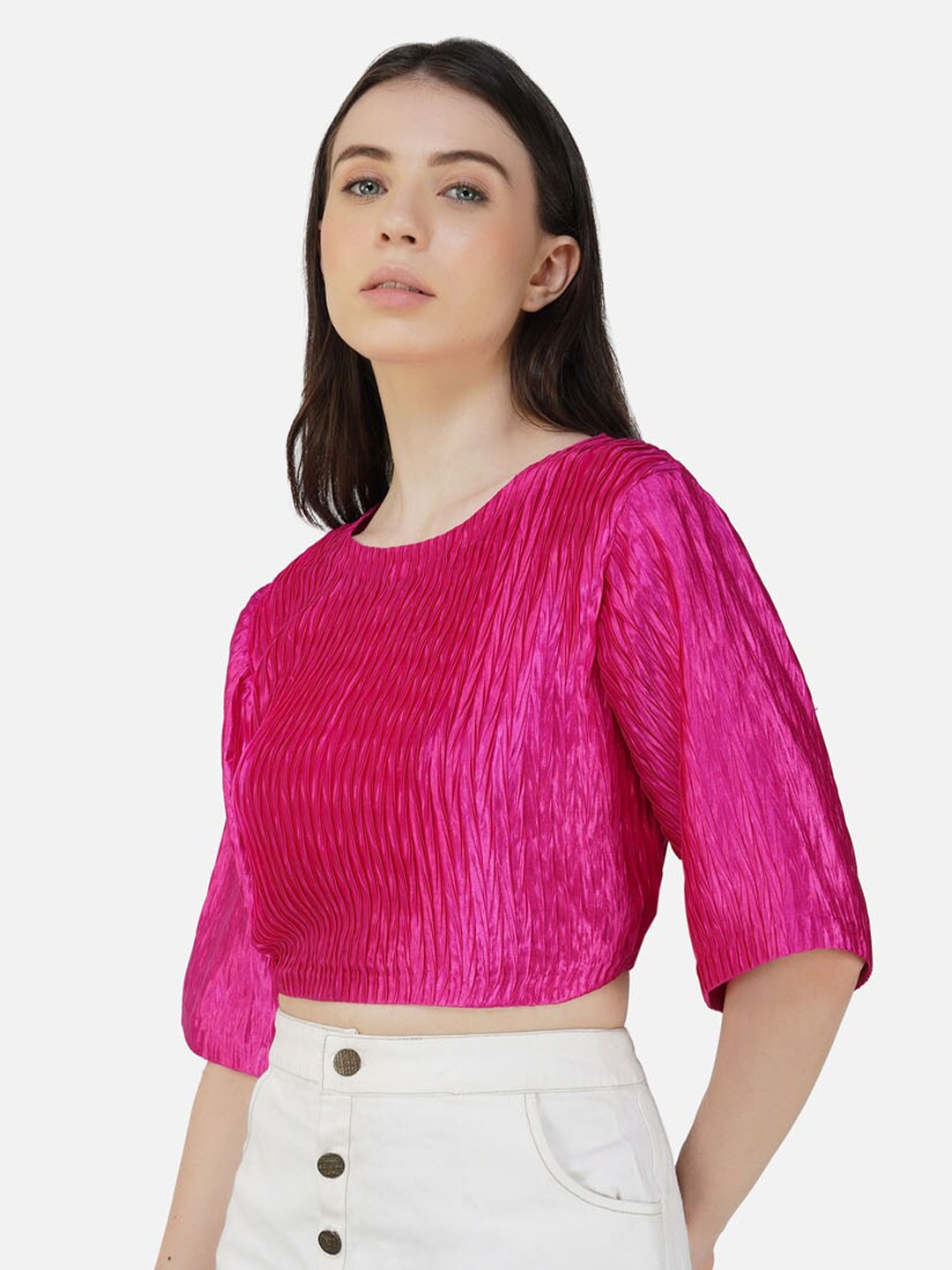 

DEPANO Self Design Flared Sleeve Tie Ups Satin Styled Back Crop Top, Magenta