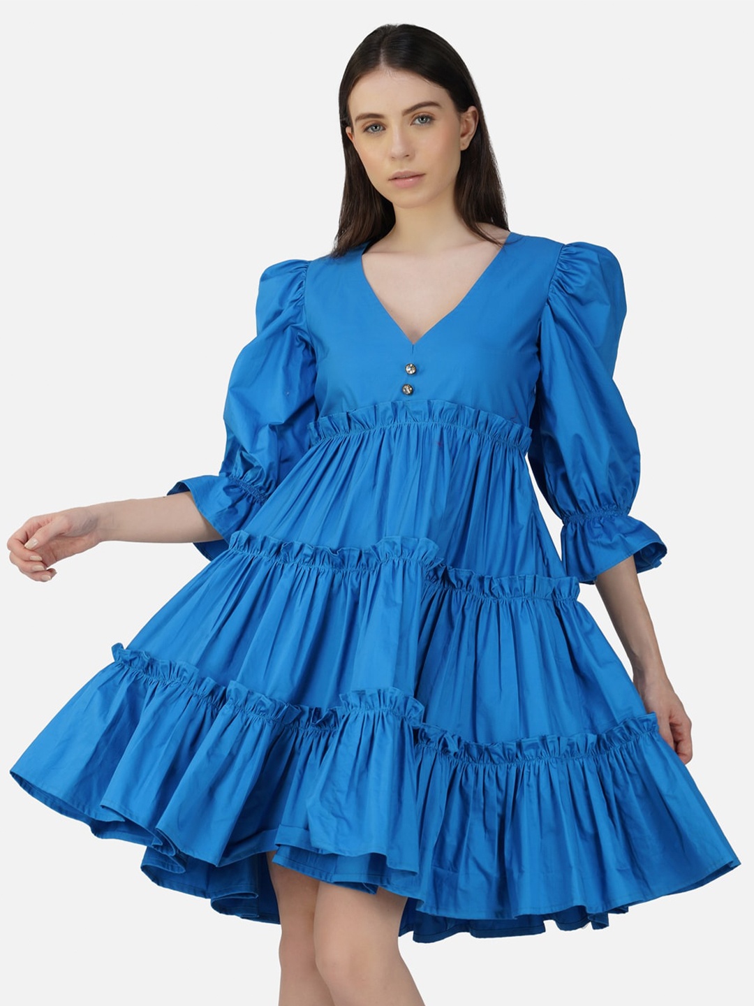 

DEPANO Puff Sleeve Cotton Fit & Flare Dress, Blue