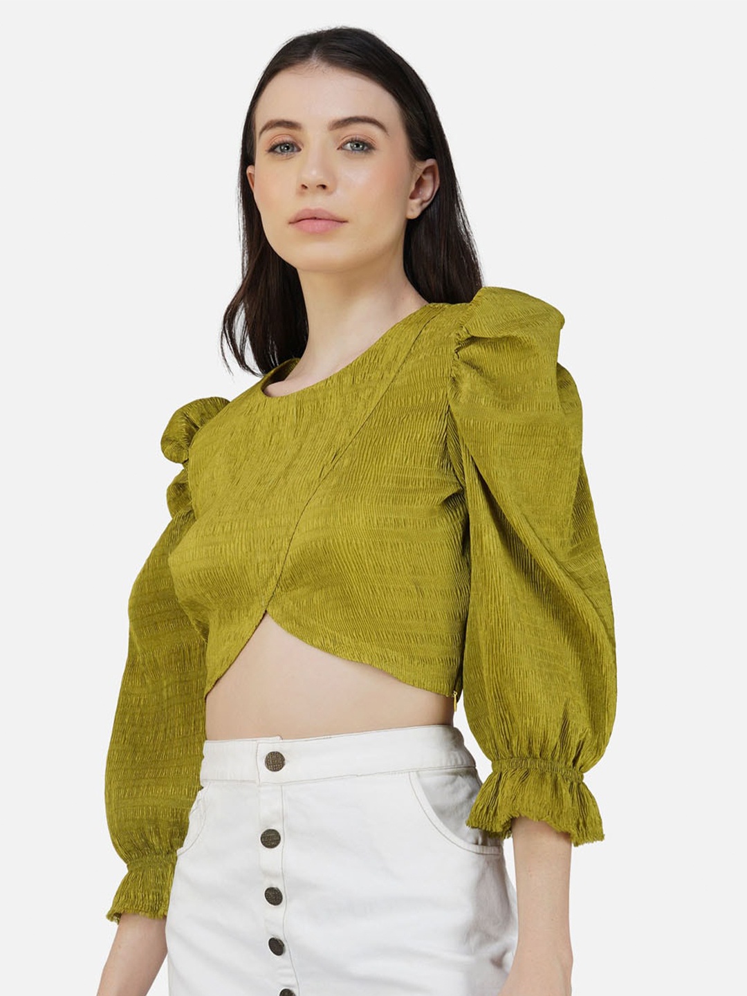 

DEPANO Self Design Puff Sleeves Satin Crop Top, Green