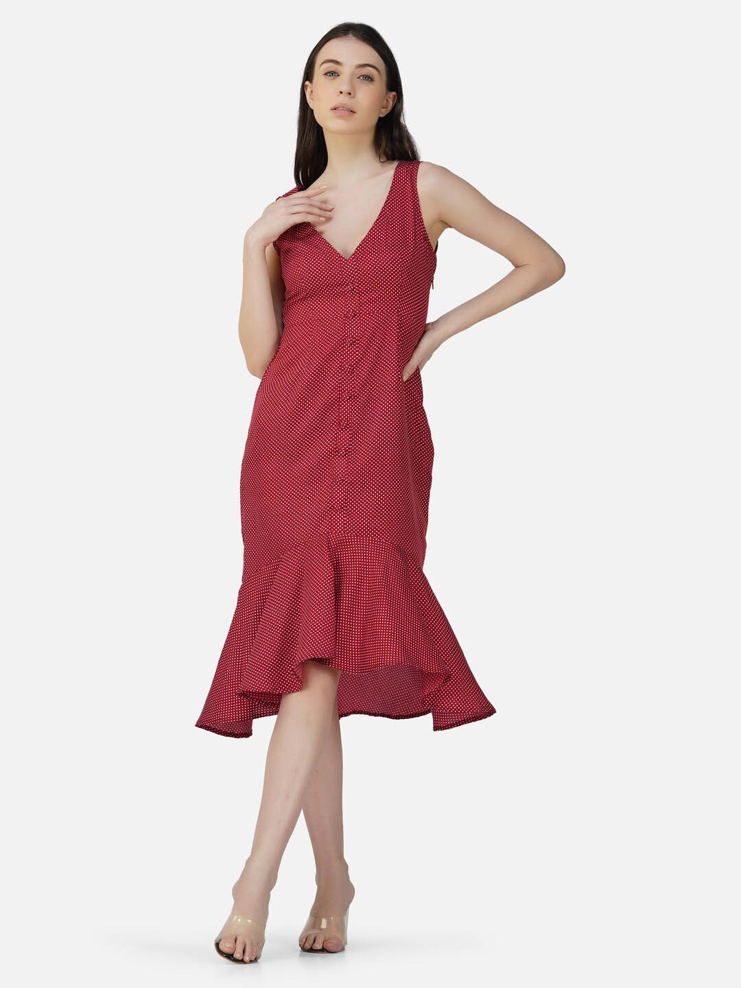 

DEPANO Micro Ditsy Printed V-Neck Sleeveless Midi Dress, Red