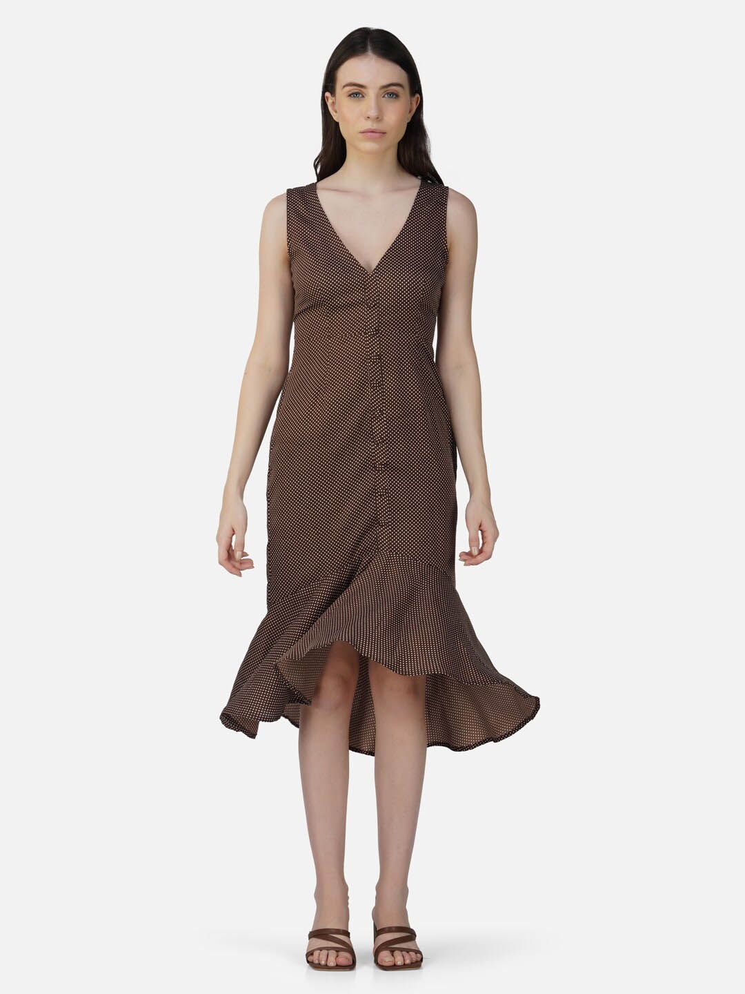 

DEPANO Polka Dots Printed Sleeveless V-Neck High-Low Hem Crepe Sheath Midi Dress, Brown