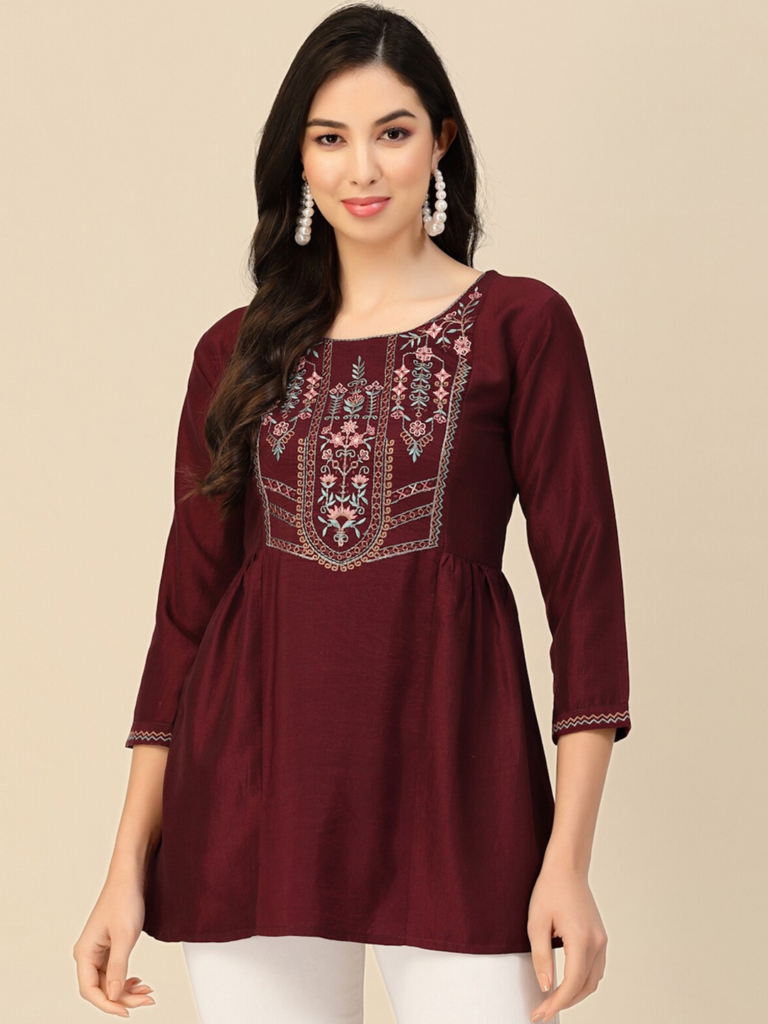 

ODETTE Ethnic Motifs Embroidered Thread Work A-Line Kurti, Violet