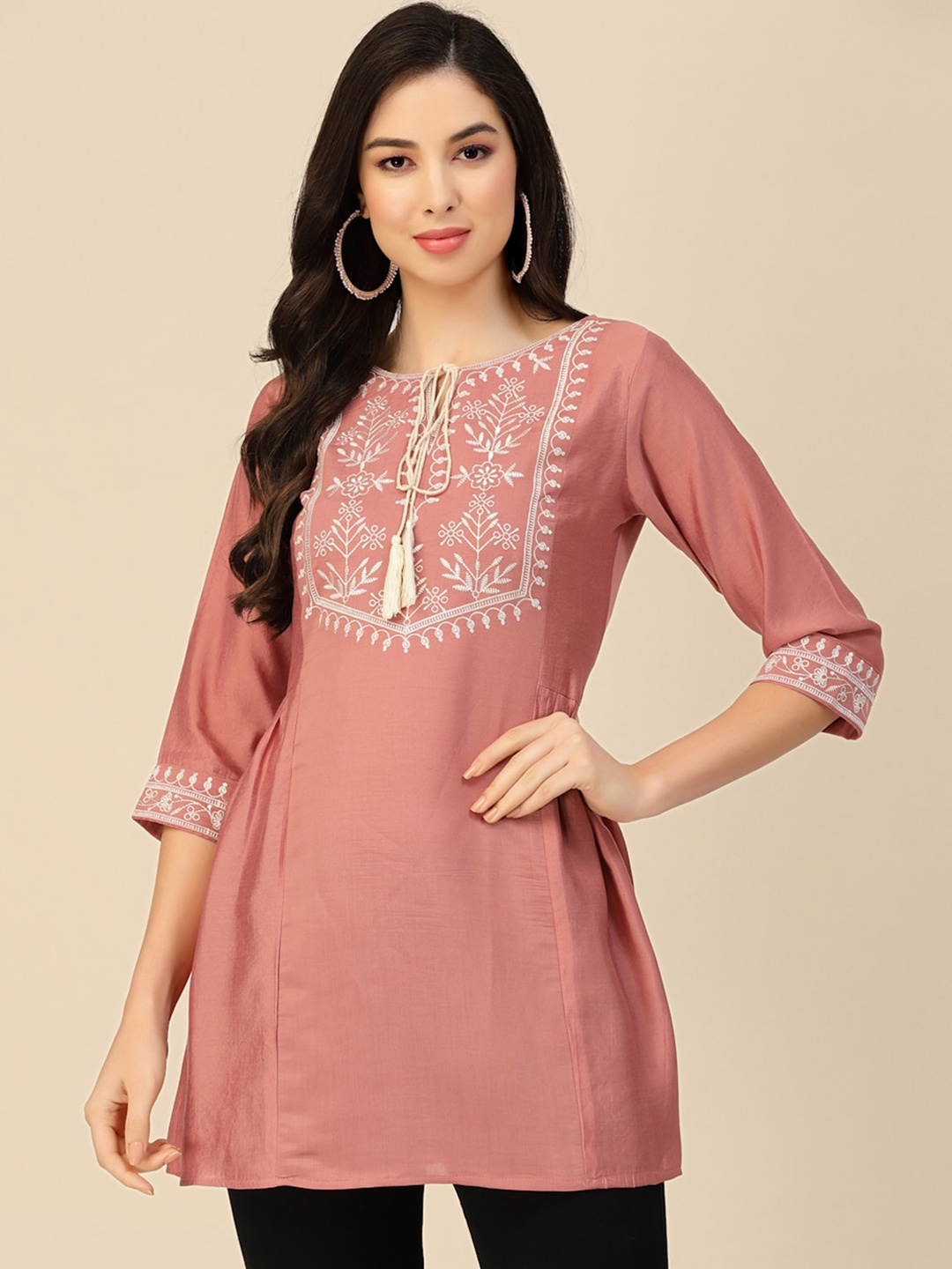 

ODETTE Yoke Design Thread Work A-Line Kurti, Peach