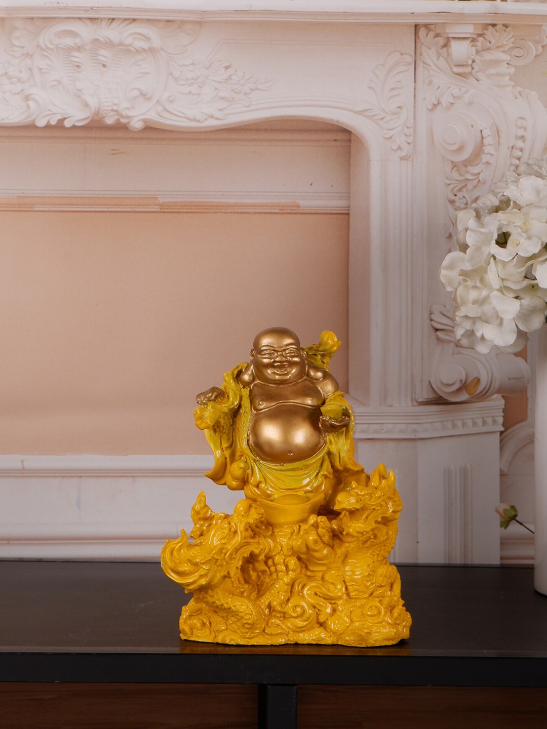 

THE WHITE INK DECOR Metallic-toned & Yellow Laughing Buddha Showpiece