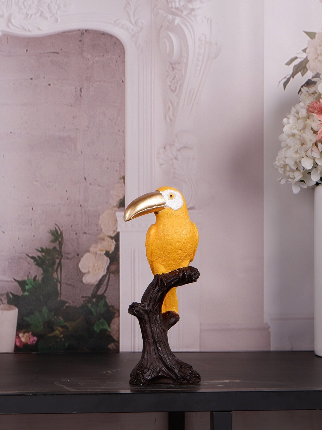 

THE WHITE INK DECOR Yellow & White Textured Bird Figurine Showpiece