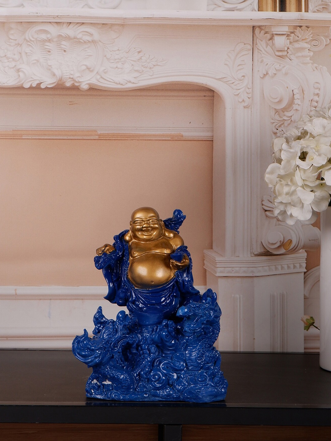 

THE WHITE INK DECOR Blue & Gold Toned Laughing Buddha Showpiece