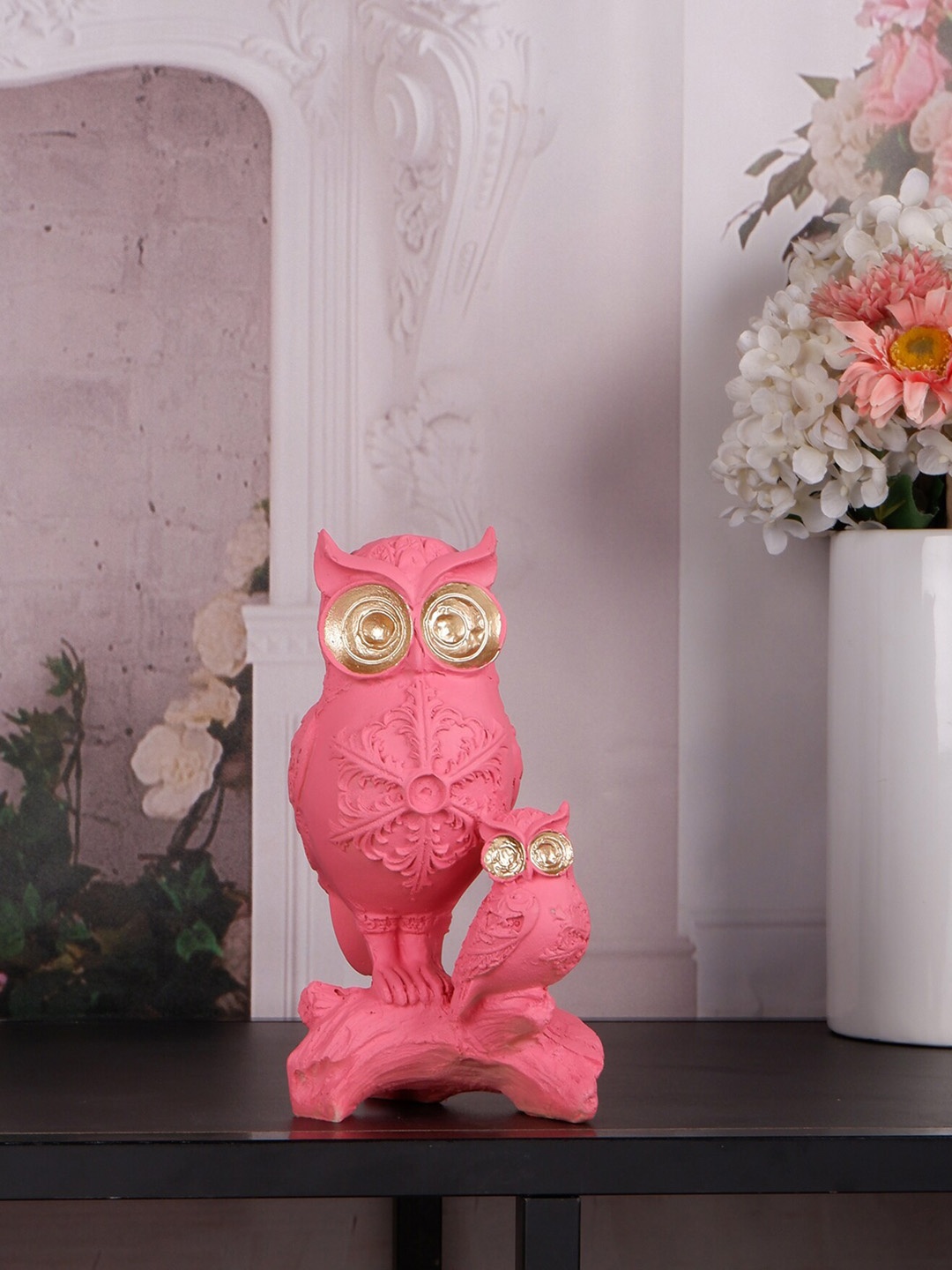 

THE WHITE INK DECOR Pink & Gold Toned Textured Owl Showpiece