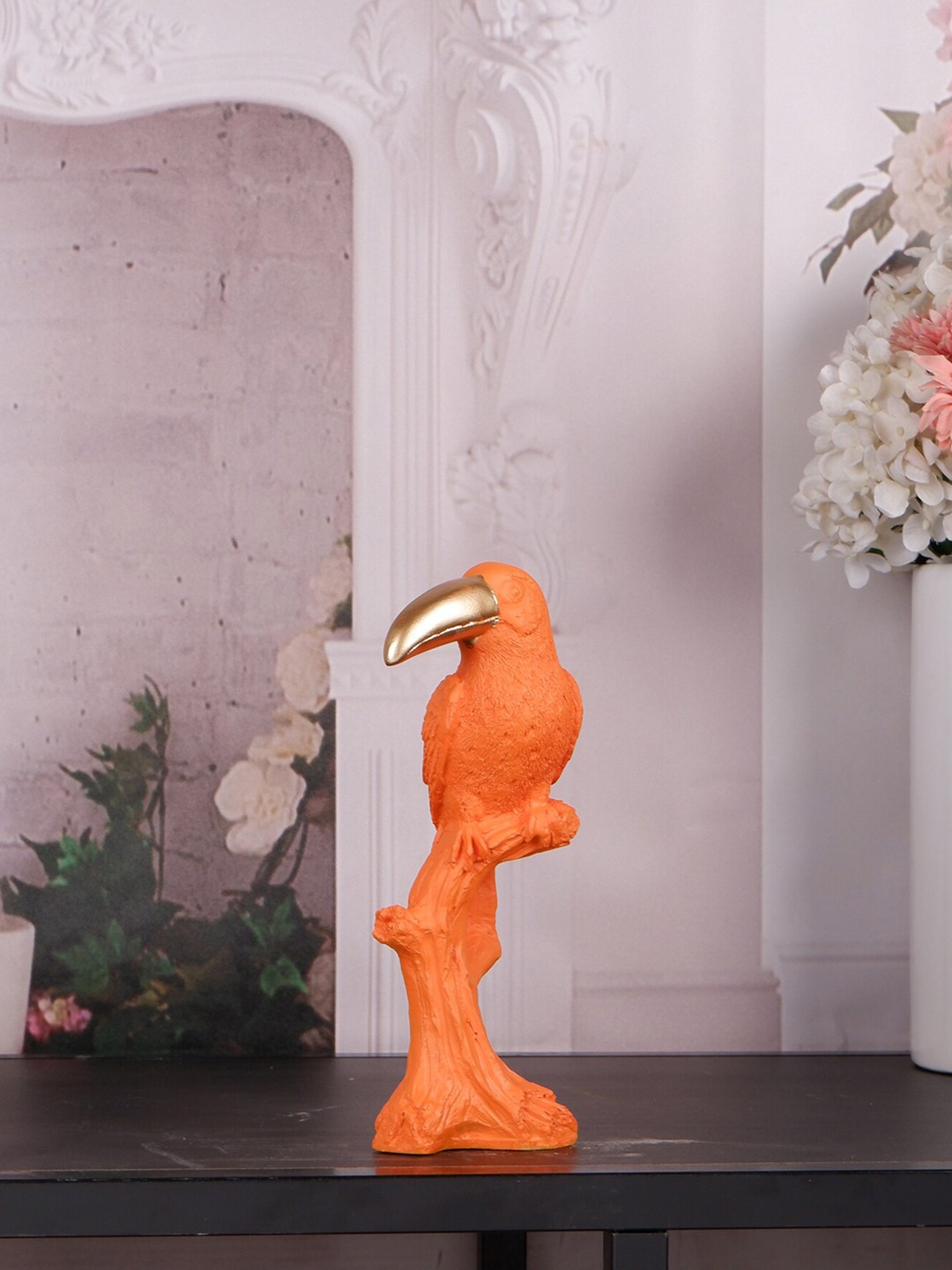 

THE WHITE INK DECOR Orange-color & Metallic-toned Textured Toucan Bird Showpiece