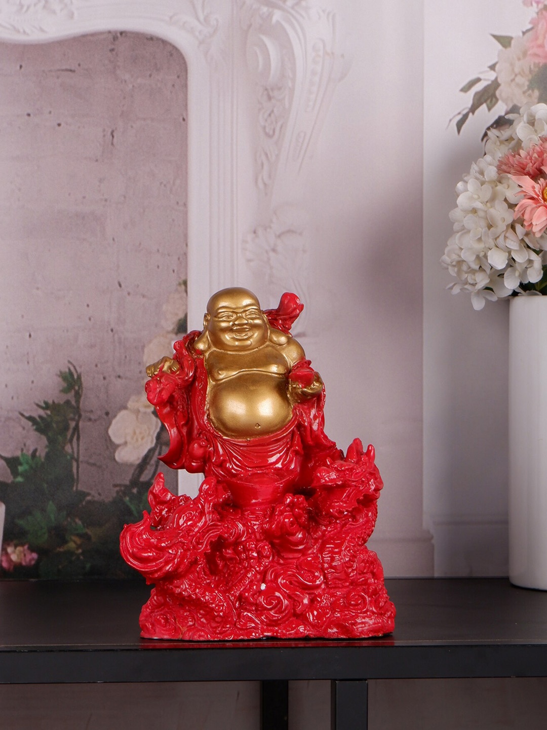 

THE WHITE INK DECOR Gold-Toned & Red Textured Laughing Buddha Showpiece