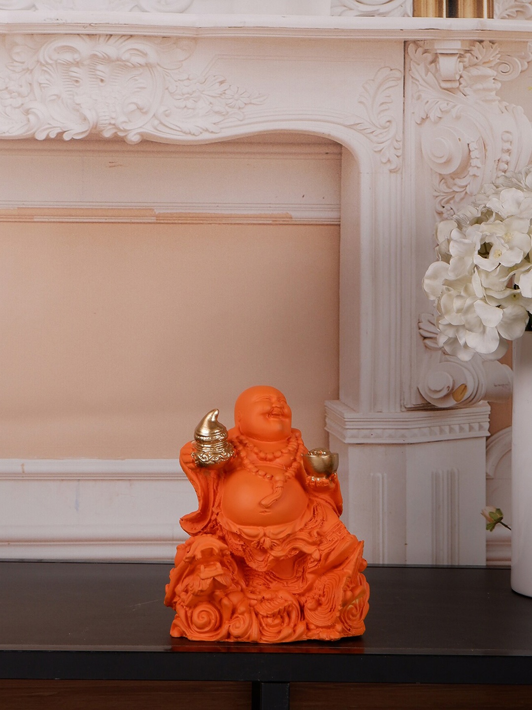 

THE WHITE INK DECOR Orange-color & Metallic-toned Textured Laughing Buddha Showpiece