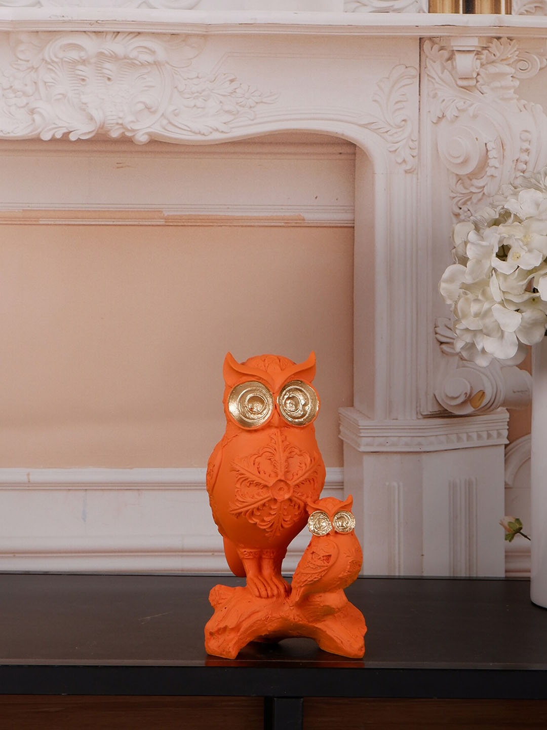

THE WHITE INK DECOR Orange-color & Metallic-toned Textured Owl Showpiece