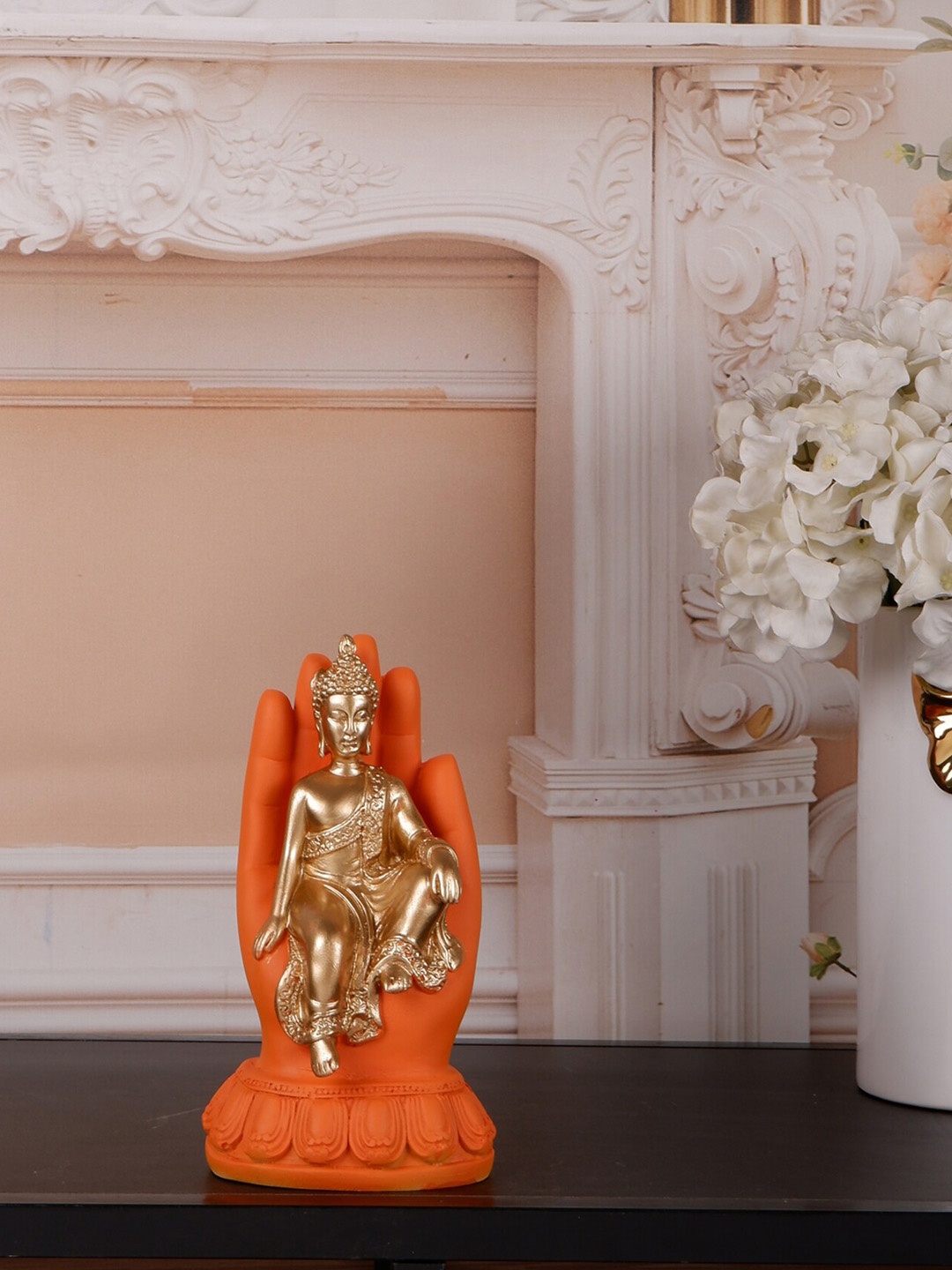 

THE WHITE INK DECOR Orange & Golden Textured Buddha Showpiece