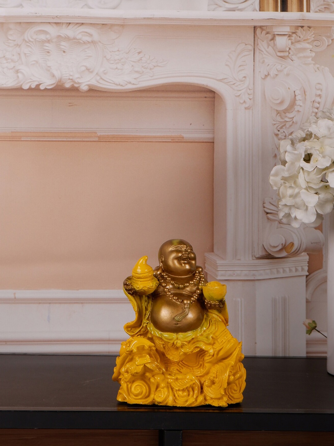 

THE WHITE INK DECOR Yellow Textured Laughing Buddha Showpiece