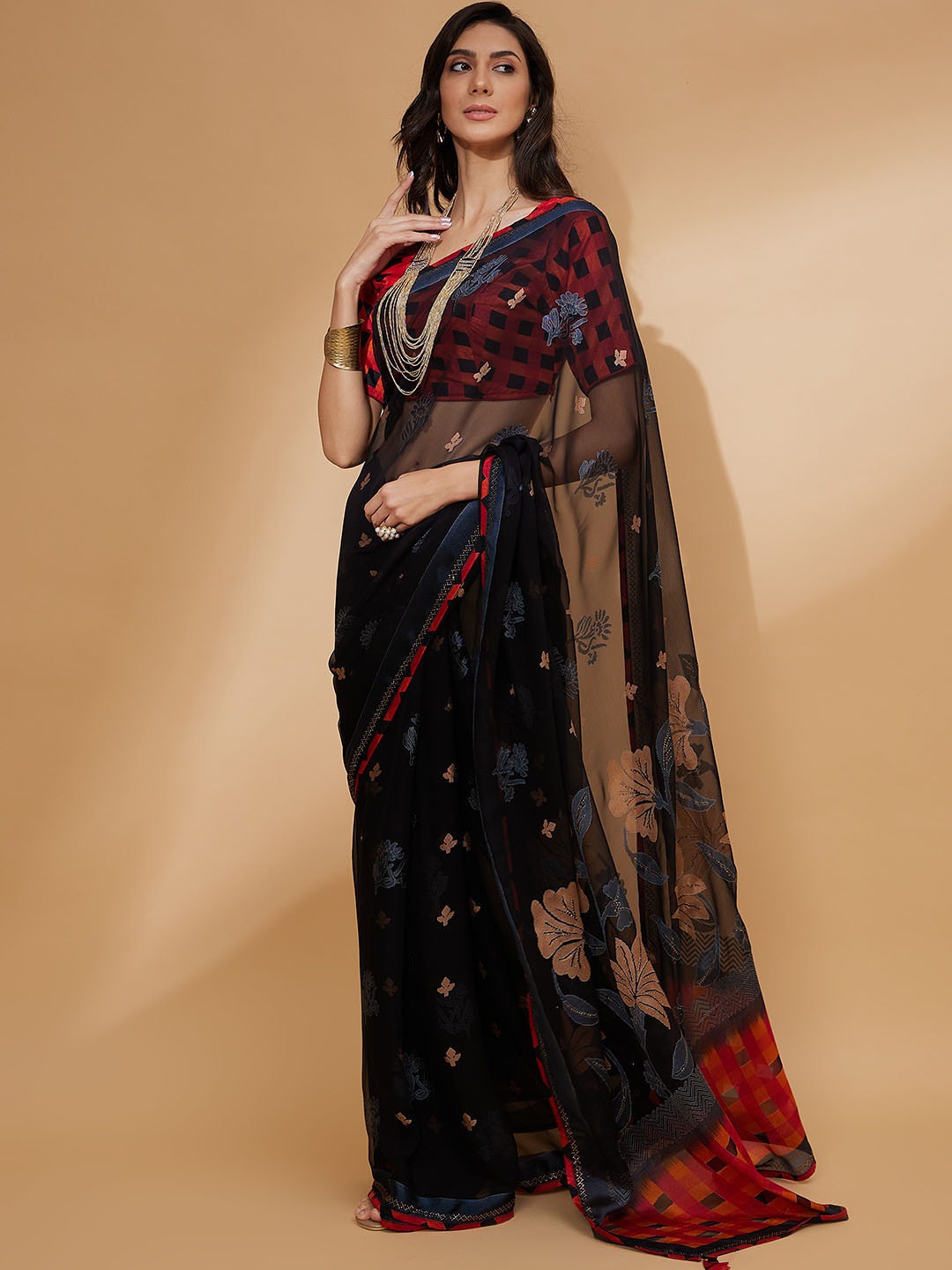 

all about you Floral Beads and Stones Brasso Saree, Black