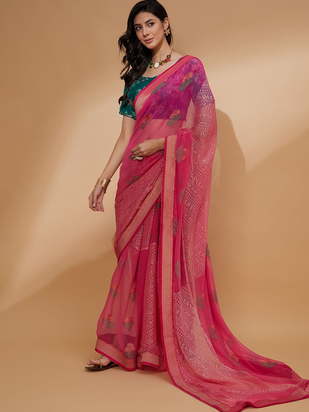 

all about you Pink & White Ethnic Motifs Printed Brasso Saree