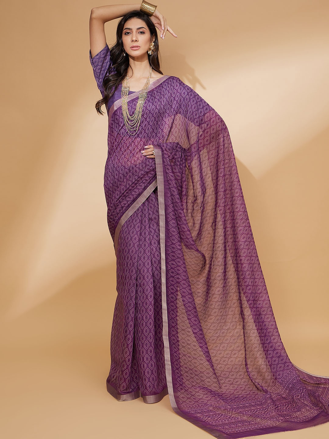 

all about you Geometric Printed Zari Saree, Purple