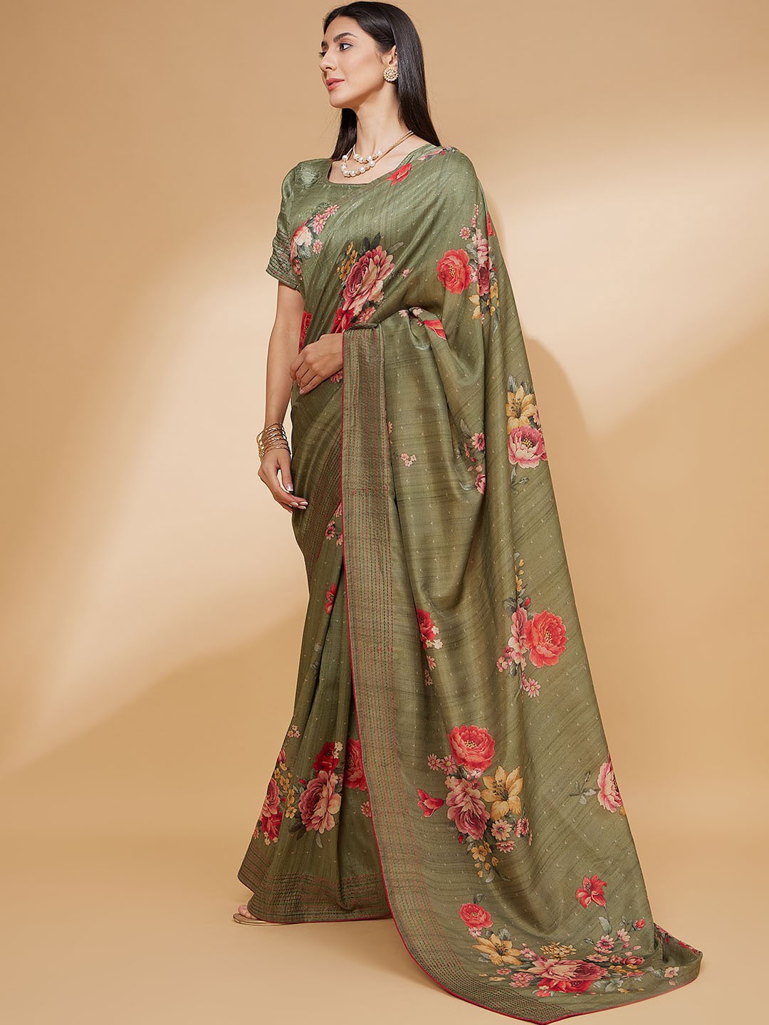 

all about you Tusser Silk Embroidery Digital Print Saree, Green