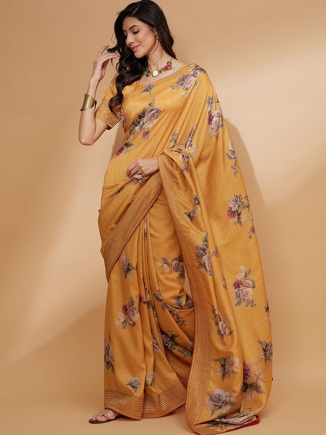 

all about you Tusser Silk Embroidery Digital Print Saree, Mustard