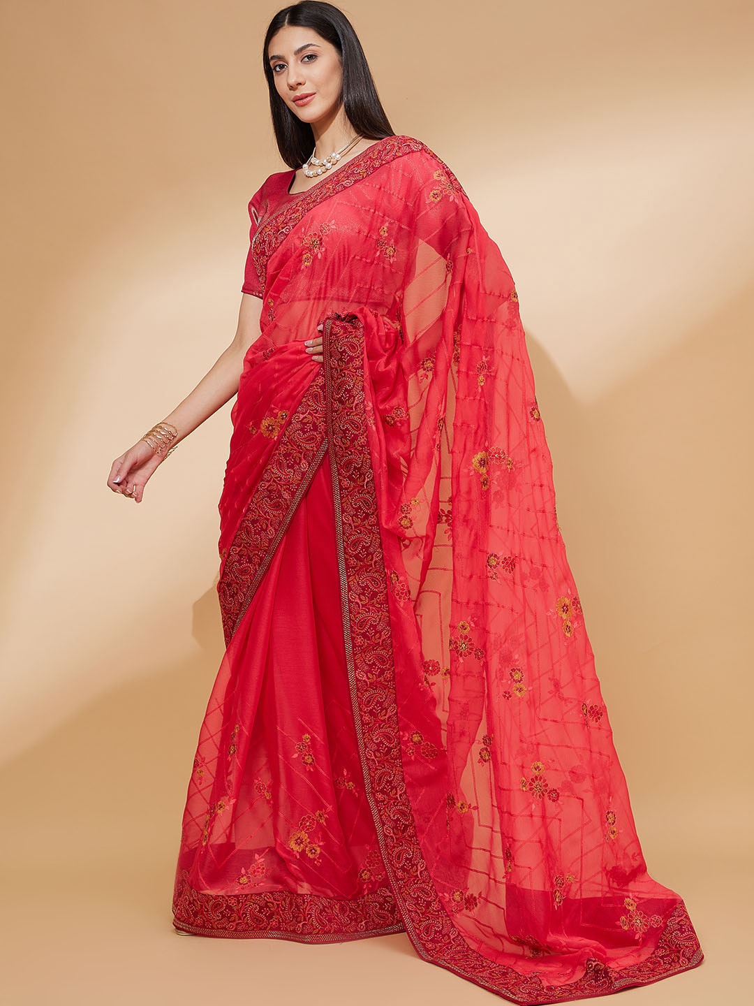 

all about you Floral Embroidered Saree, Red