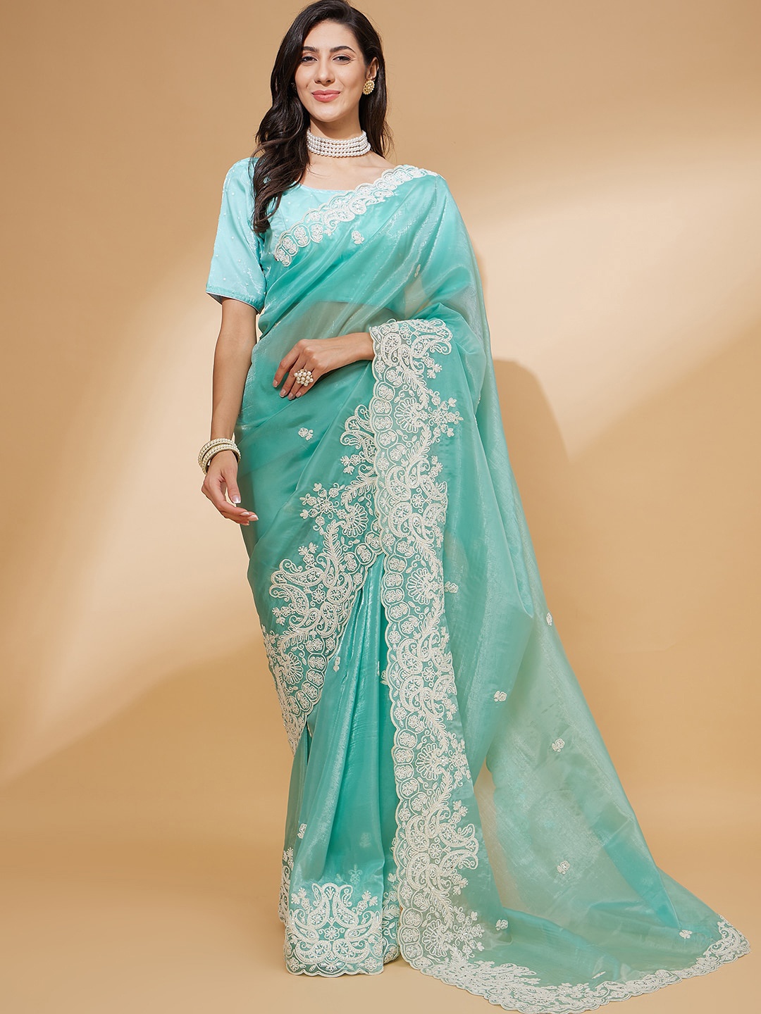 

all about you Organza Embroidery Cut Work With Lace Border Saree, Turquoise blue