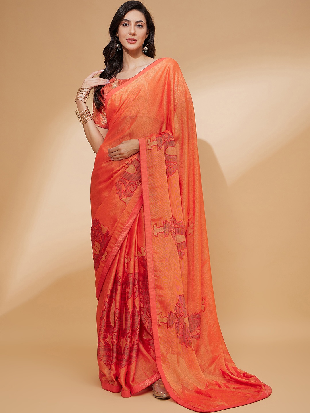 

all about you Abstract Printed Pure Chiffon Saree, Orange