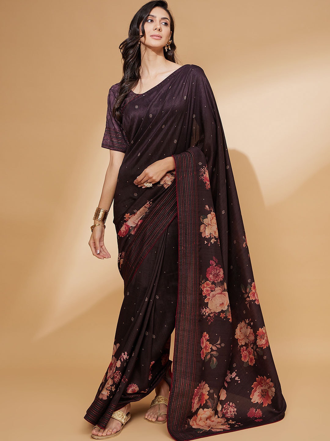 

all about you Tusser Silk Embroidery Digital Print Saree, Brown