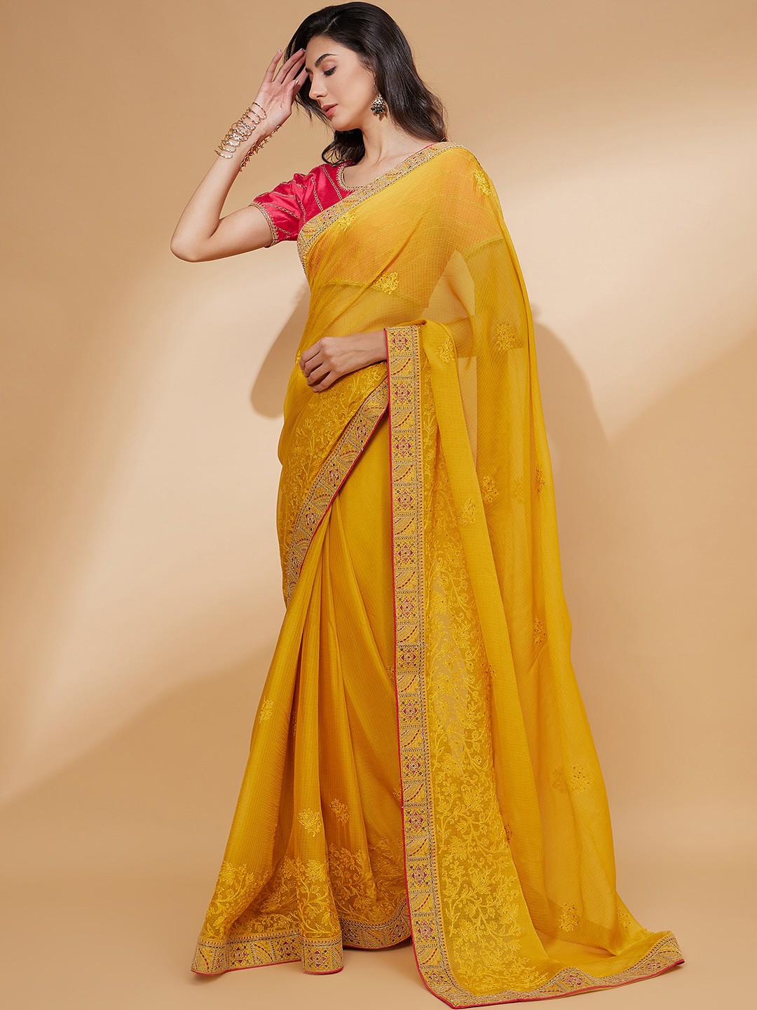 

all about you Yellow & Fuchsia Floral Embroidered Pure Chiffon Saree