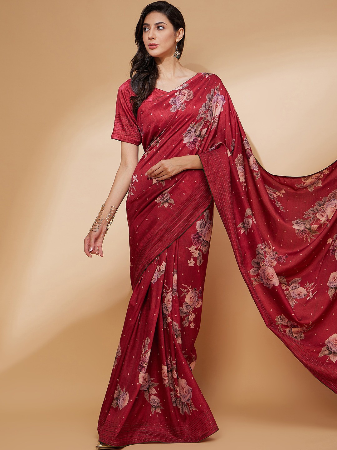 

all about you Tusser Silk Embroidery Digital Print Saree, Red