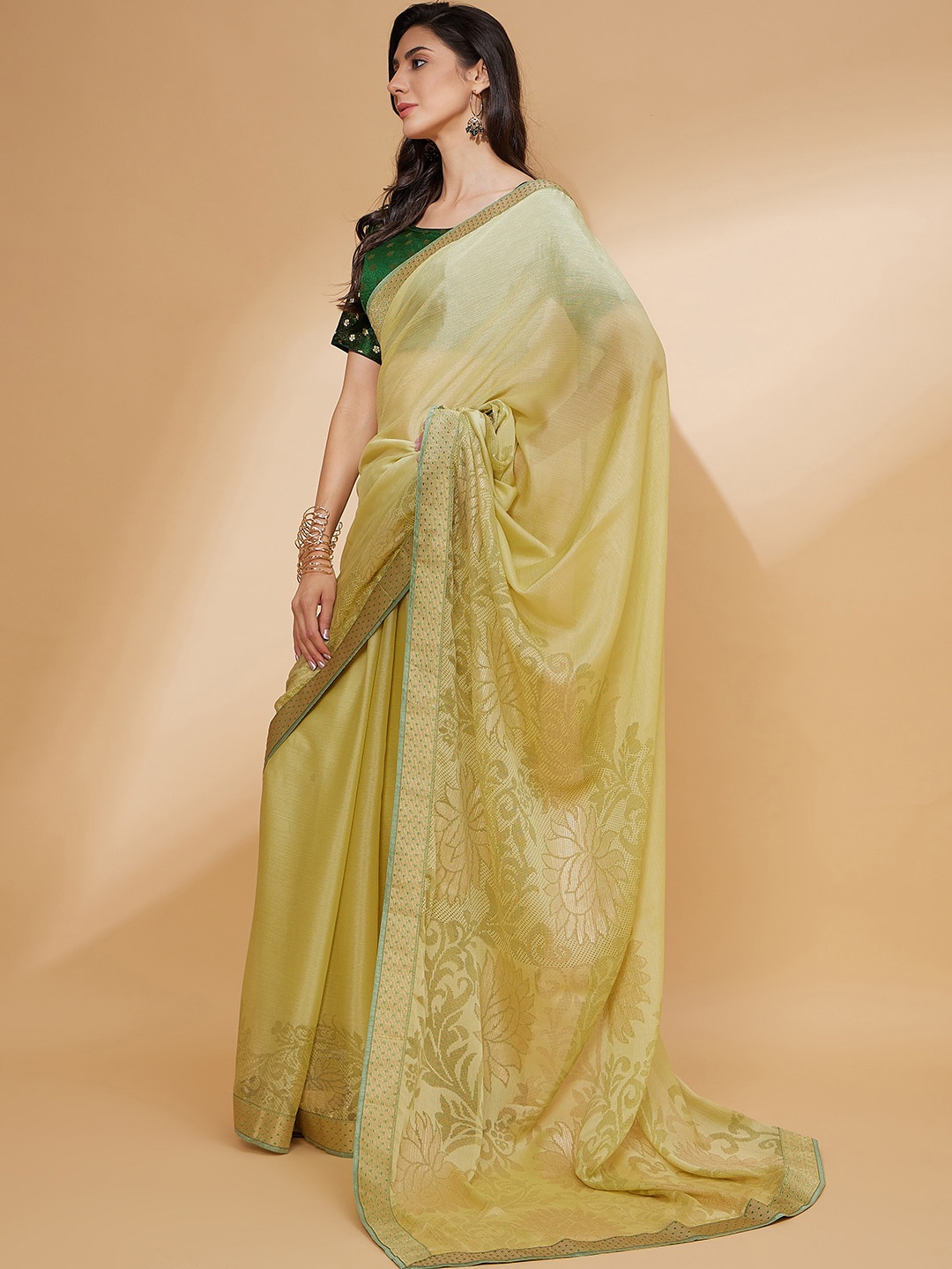 

all about you Floral Woven Design Pure Chiffon Saree, Olive
