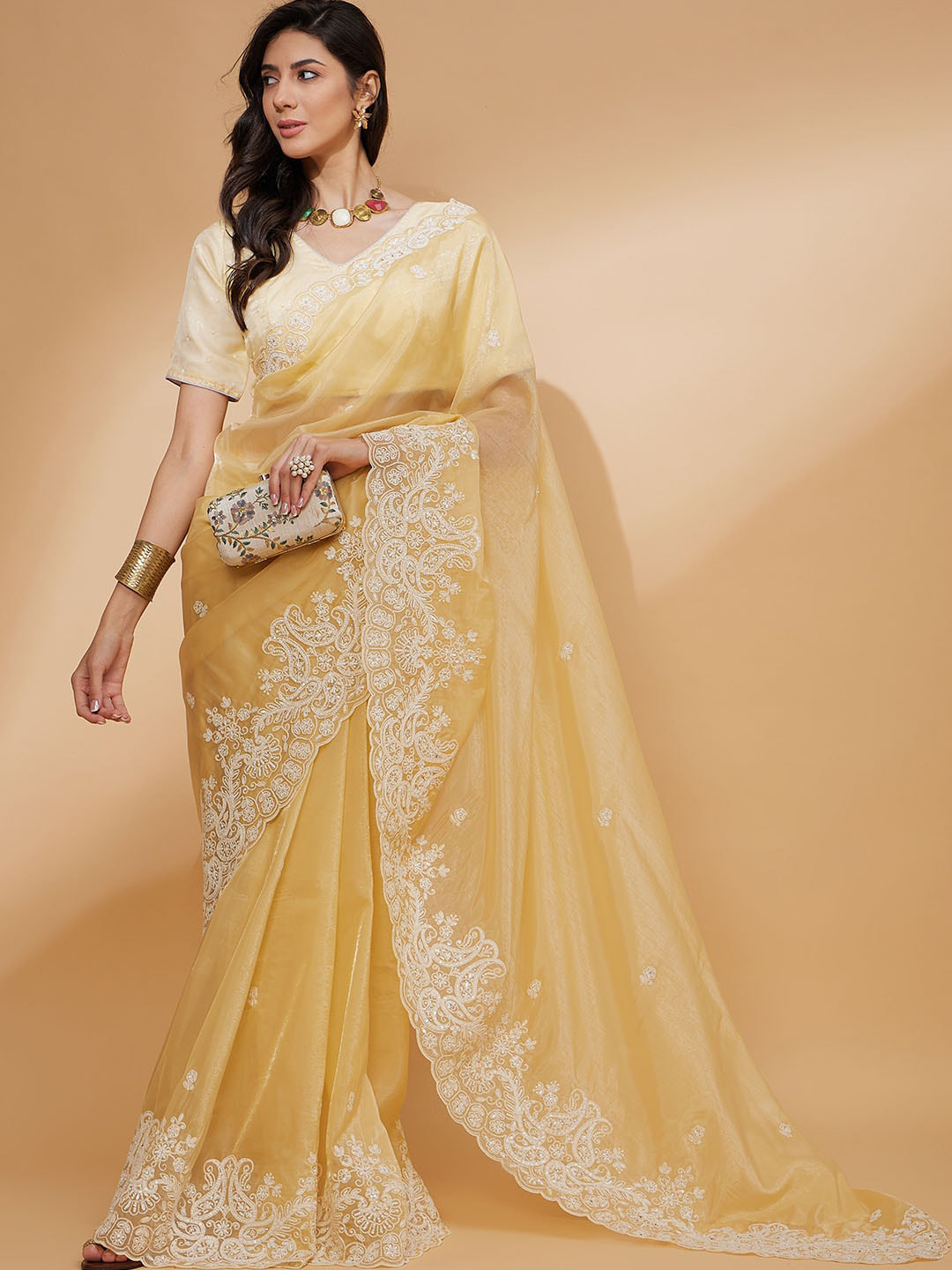 

all about you Organza Embroidery Cut Work With Lace Border Saree, Yellow