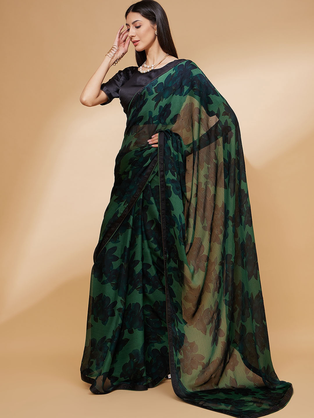 

all about you Green & Blue Floral Printed Beads and Stones Pure Chiffon Saree