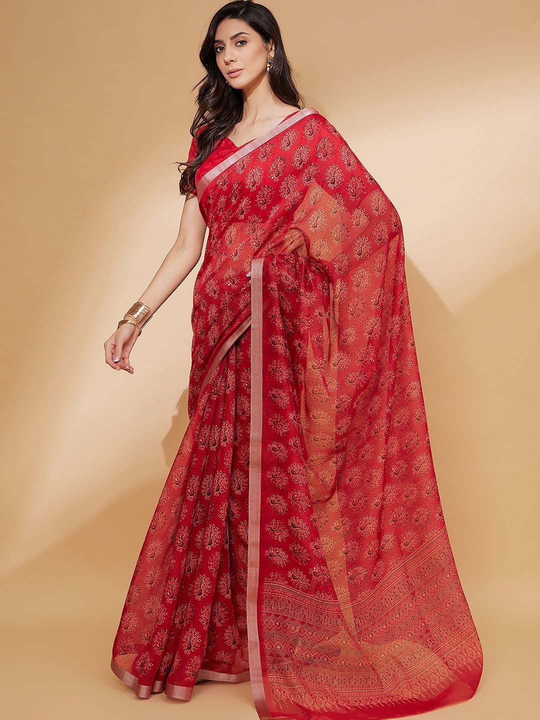 

all about you Linen Digital Printed Saree, Red