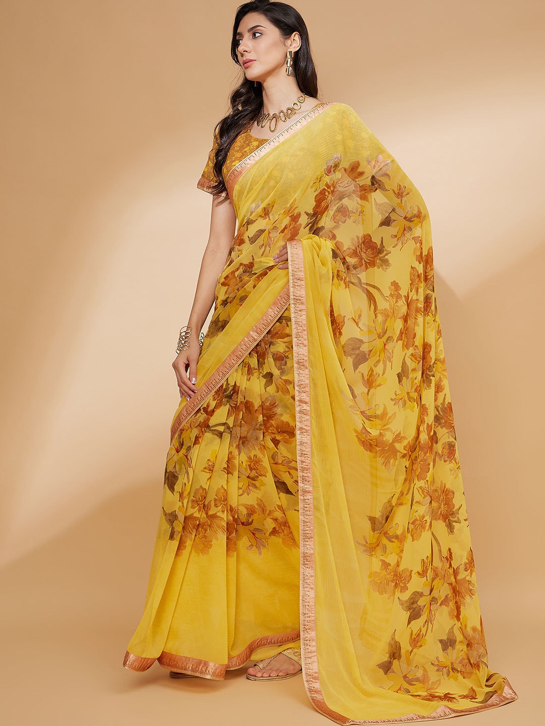 

all about you Yellow & Beige Floral Beads and Stones Saree