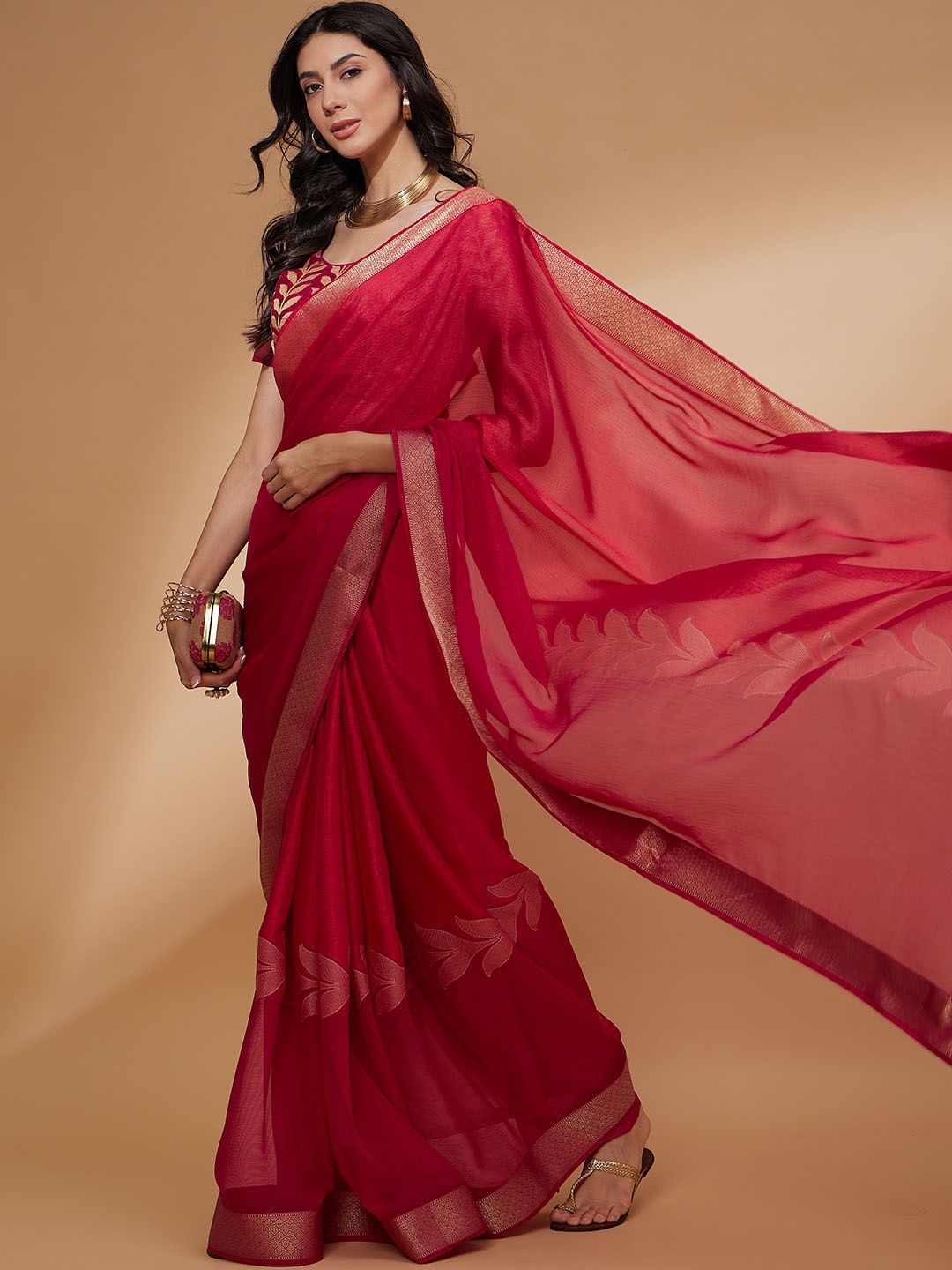 

all about you Zari Pure Chiffon Saree, Pink