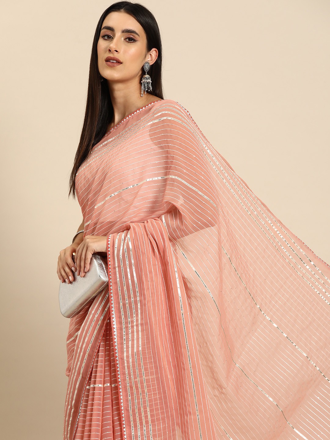 

all about you Striped Embroidered Gotta Patti Pure Georgette Saree, Peach