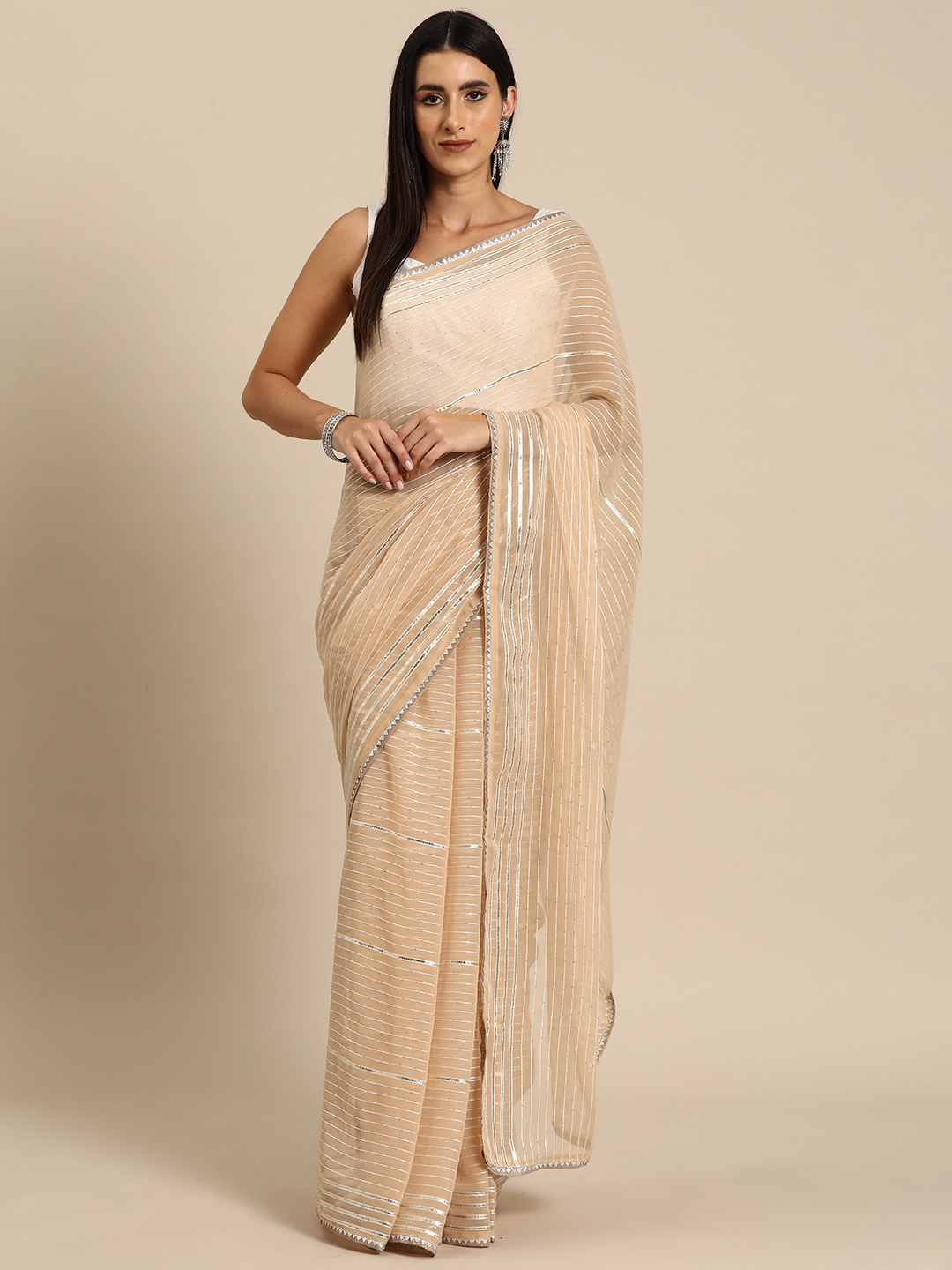 

all about you Striped Embroidered Gotta Patti Pure Georgette Saree, Beige