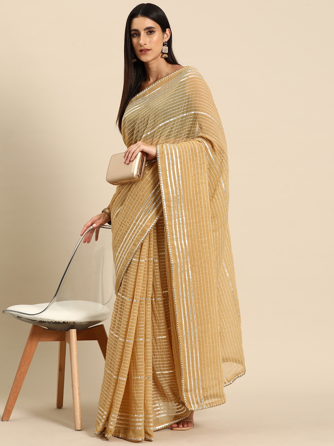 

all about you Striped Embroidered Gotta Patti Pure Georgette Saree, Beige