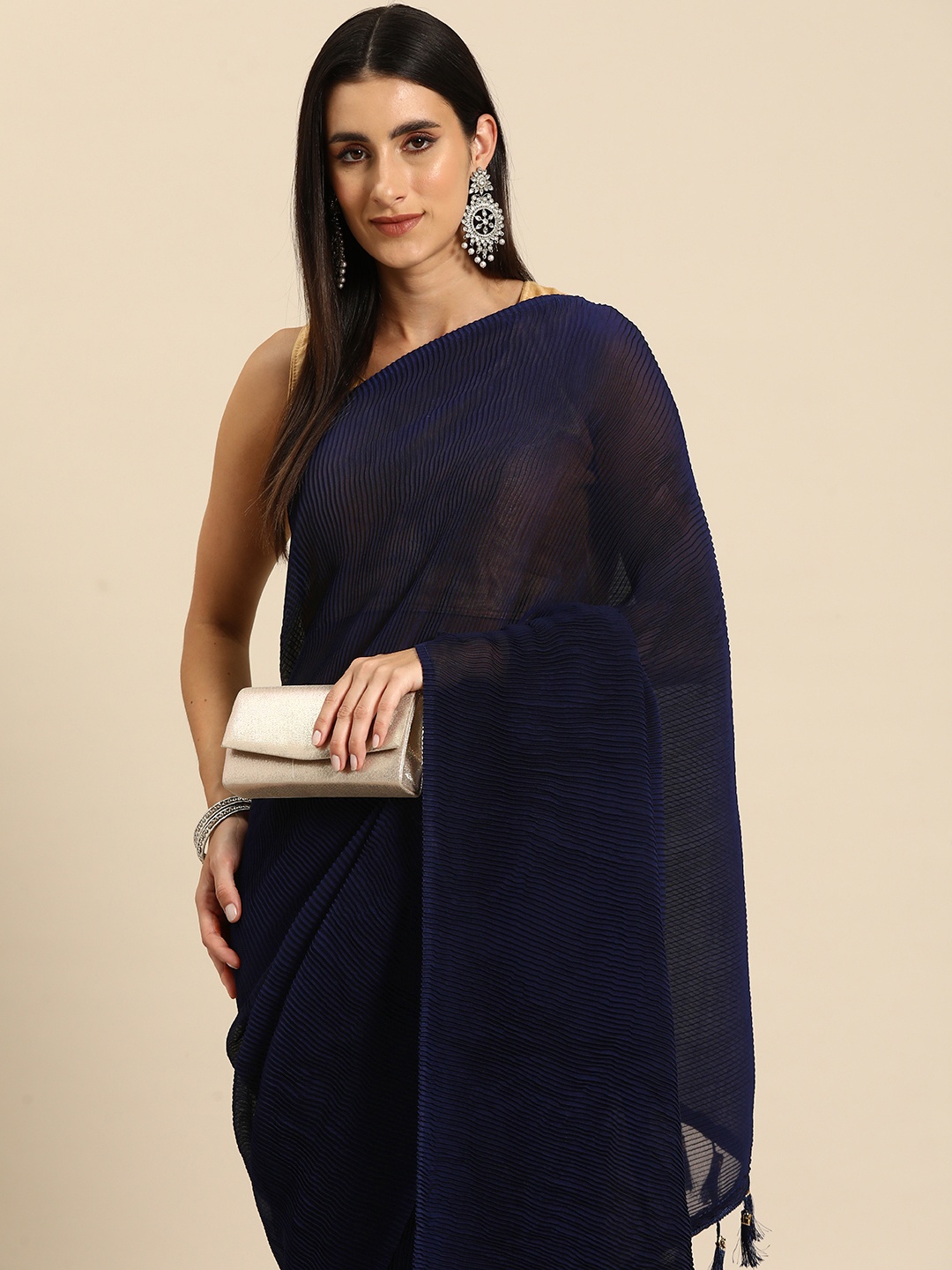 

all about you Pleated Georgette Saree, Navy blue