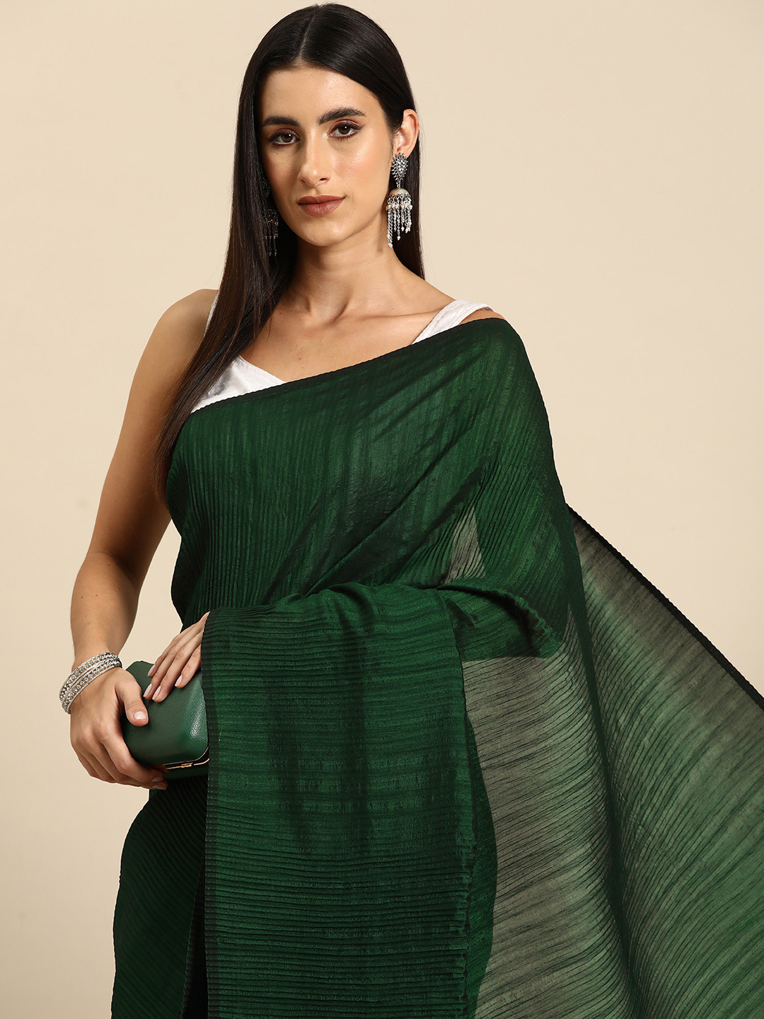 

all about you Pleated Georgette Saree, Green