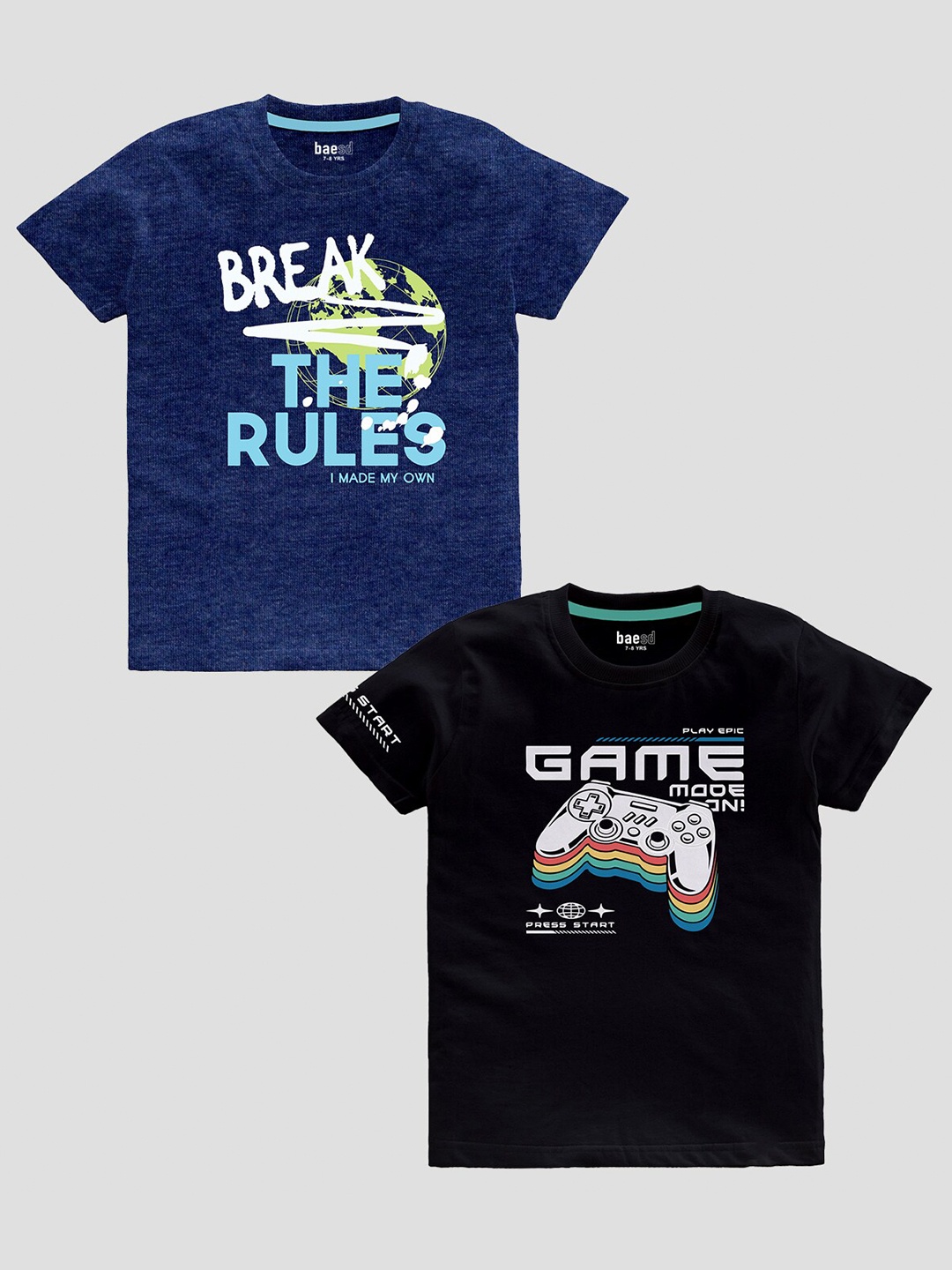 

BAESD Boys Pack Of 2 Typography Printed Cotton T-shirt, Blue